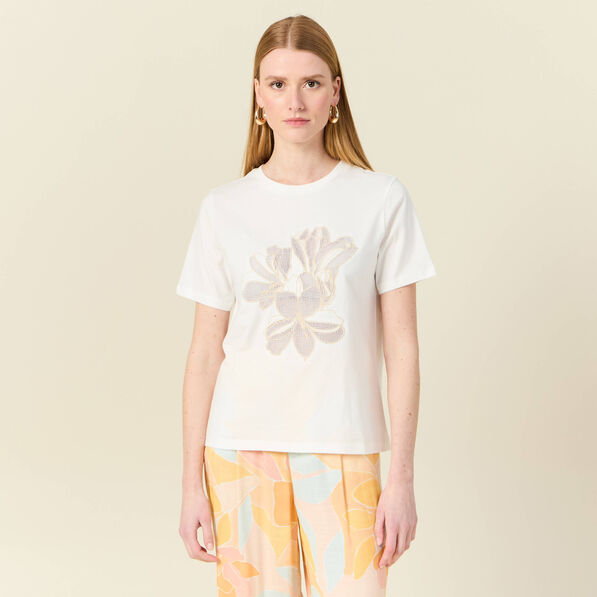T-shirt manches courtes brodé creme femme