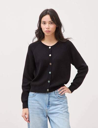 Gilet manches longues col rond en coton noir femme