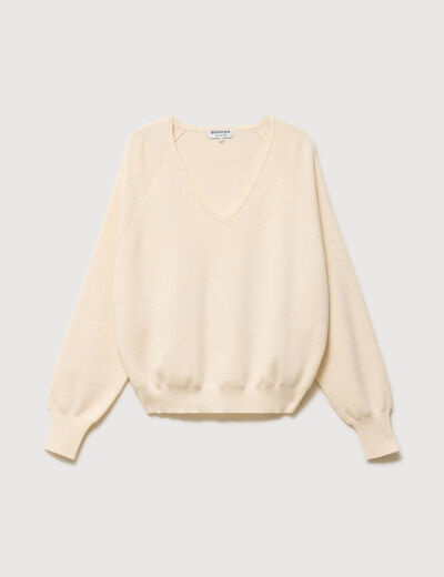 Pull droit col v manches longues creme femme