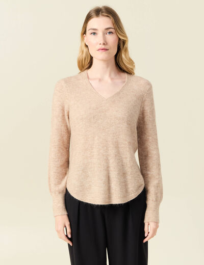 Pull manches longues col en V creme femme