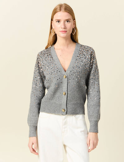 Gilet boutonné à sequins gris femme