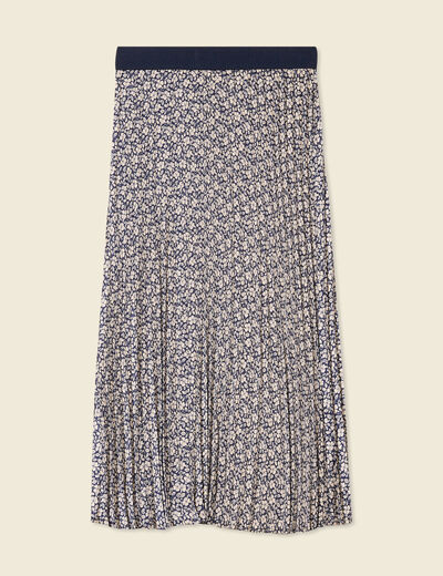 Jupe longue droite plissée bleu marine femme