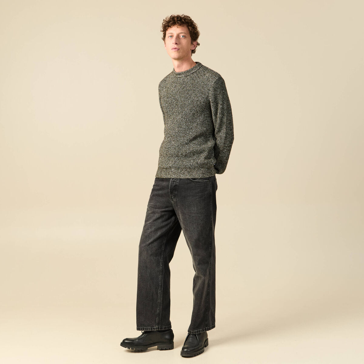 Pull manches longues col rond vert kaki homme