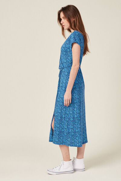 Robe midi droite drapée bleu femme