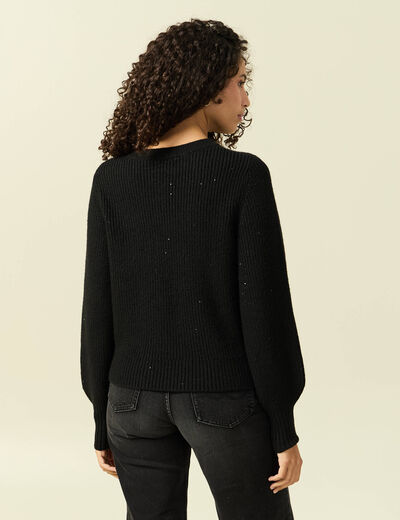 Pull manches longues col rond &agrave; sequins noir femme