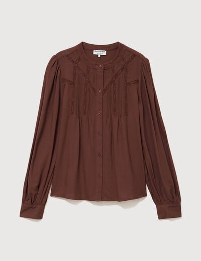 Blouse ajour&eacute;e col rond manches longues marron fonc&eacute; femme