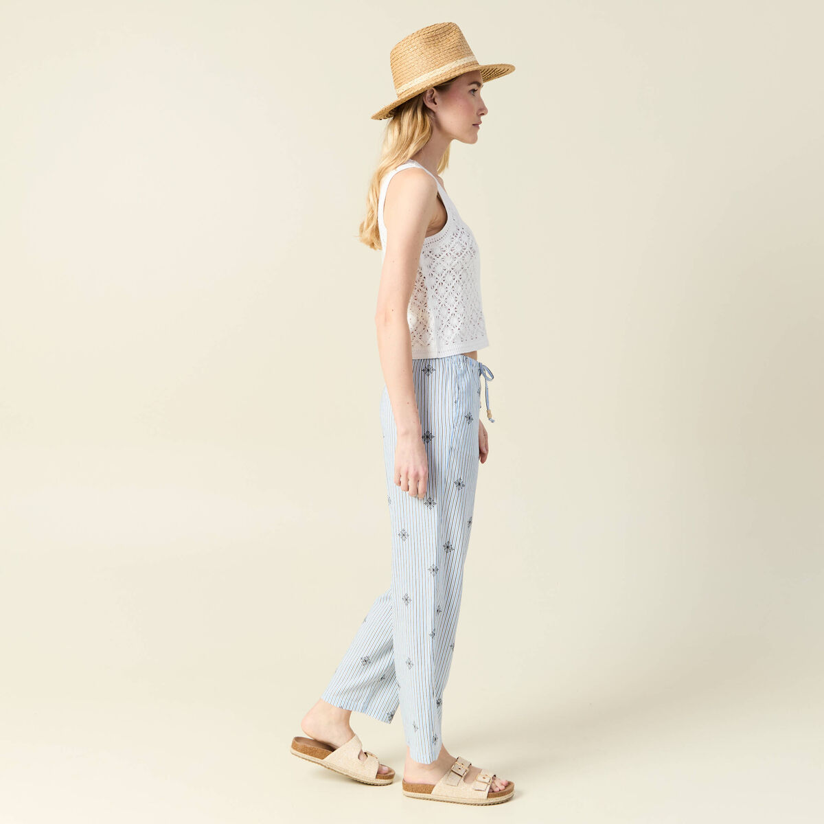 Pantalon droit 7/8&egrave;me bleu ciel femme