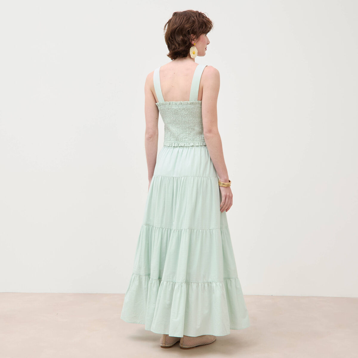 Jupe longue &eacute;vas&eacute;e en coton doubl&eacute;e vert pastel femme