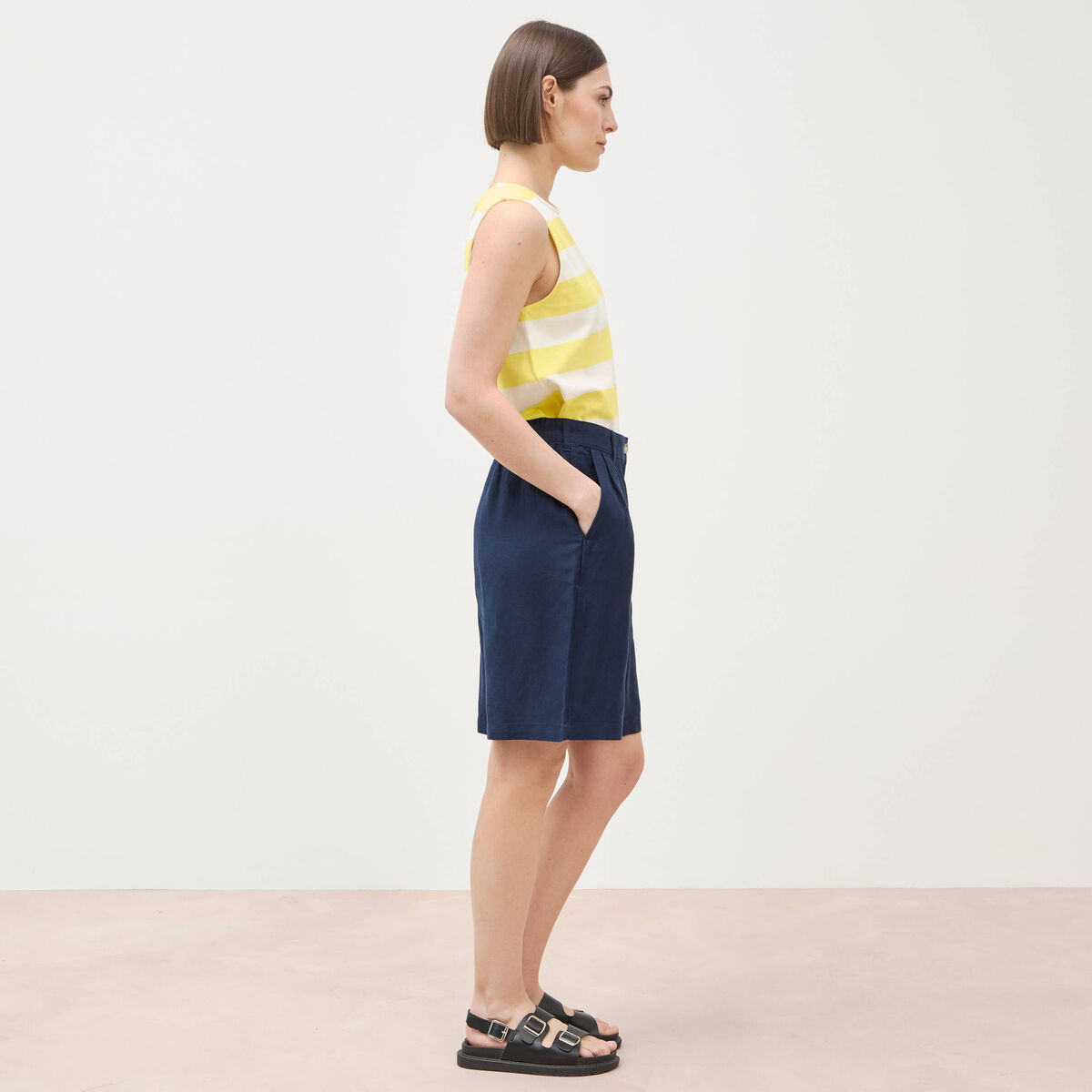 Short taille haute bleu marine femme