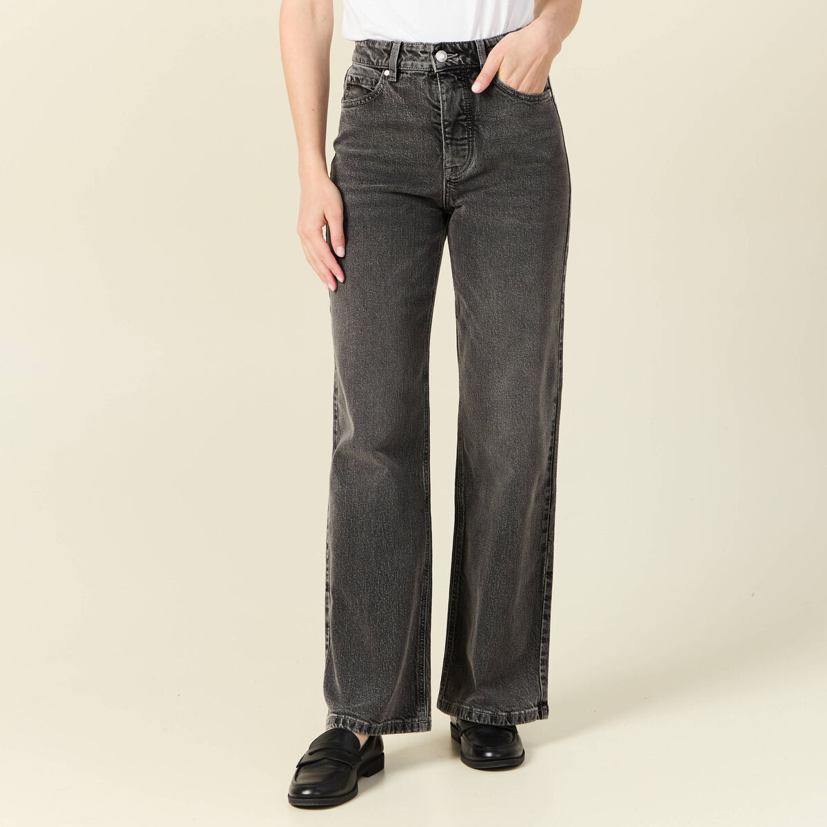 Jeans large taille haute denim snow gris femme