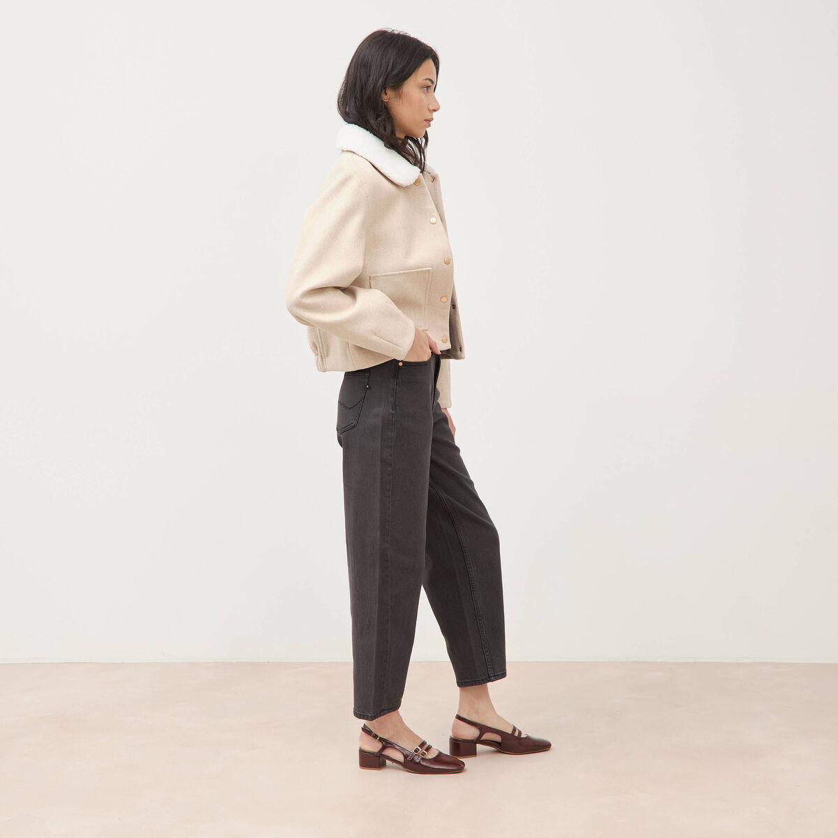 Blouson court oversize col sherpa creme femme