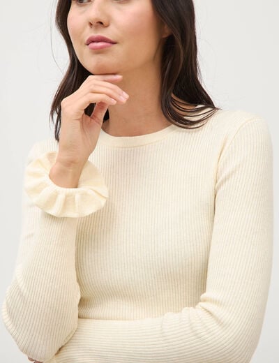 Pull cintr&eacute; col rond manches longues creme femme