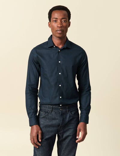 Chemise cintr&eacute;e en coton manches longues bleu marine homme
