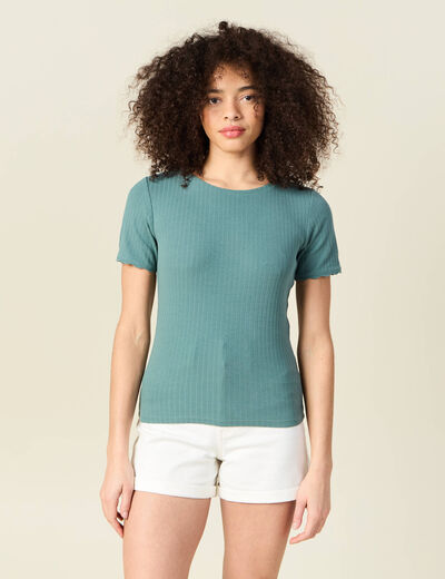 T-shirt manches courtes côtelé vert foncé femme