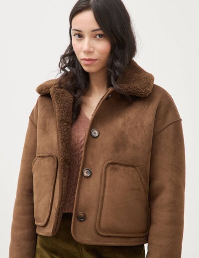 Manteau r&eacute;versible oversize court marron femme
