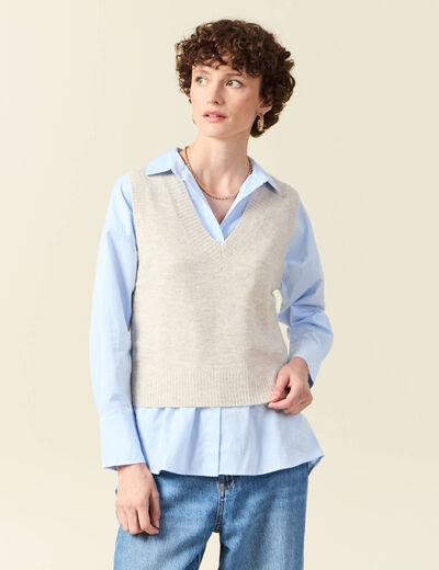 Pull sans manches col en V creme femme