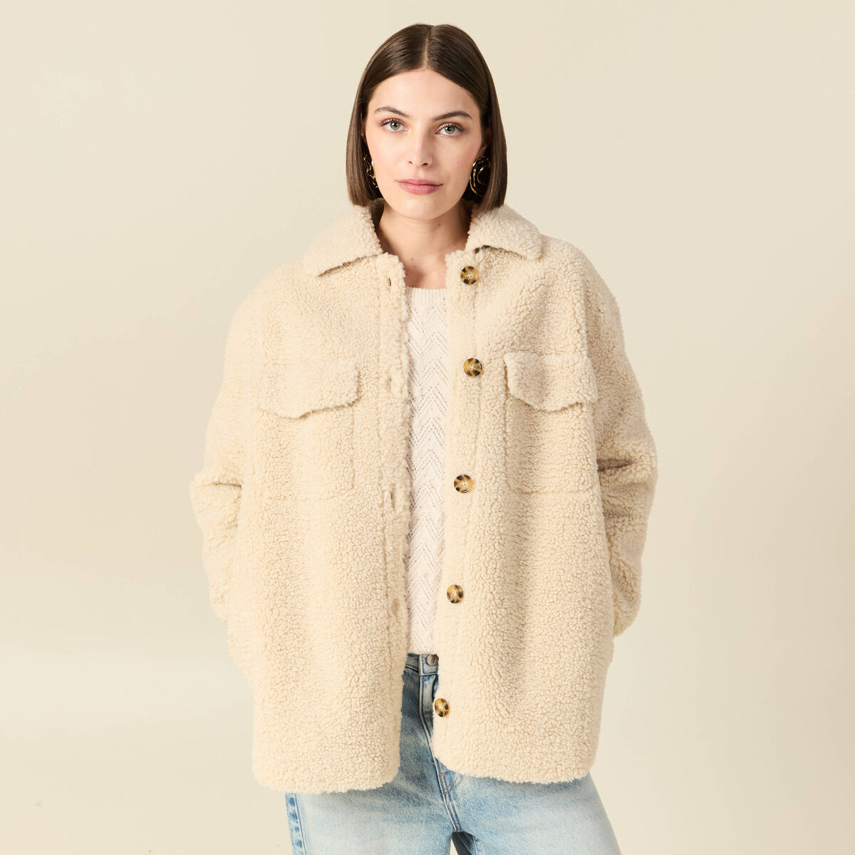 Manteau surchemise droit creme femme