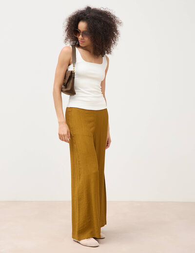 Pantalon large taille haute fluide vert olive femme
