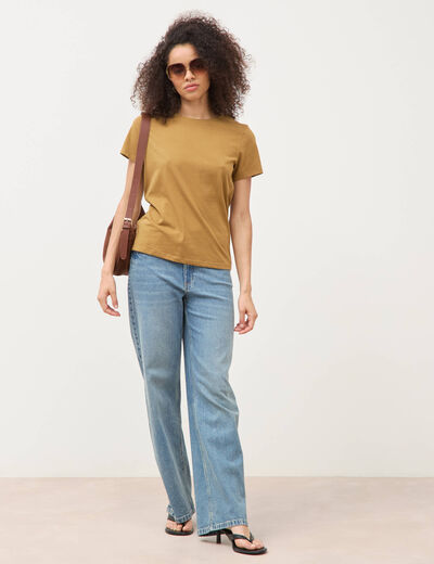 T-shirt cintr&eacute; col rond manches courtes camel femme