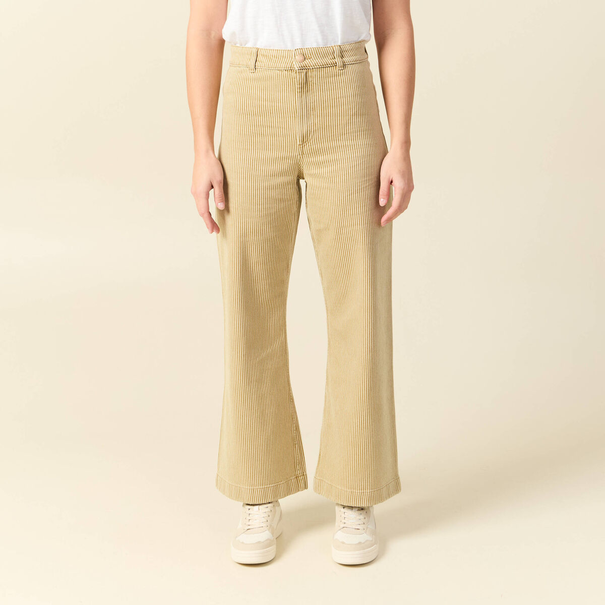 Jeans large ray&eacute; taille haute 7/8&egrave;me beige femme
