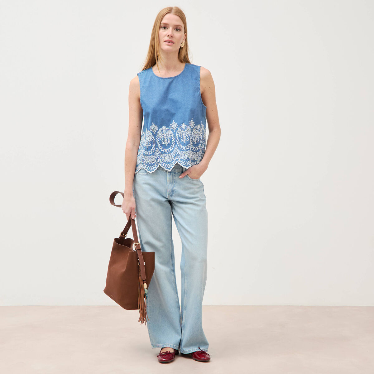 Top en jeans sans manches col rond bleu clair femme