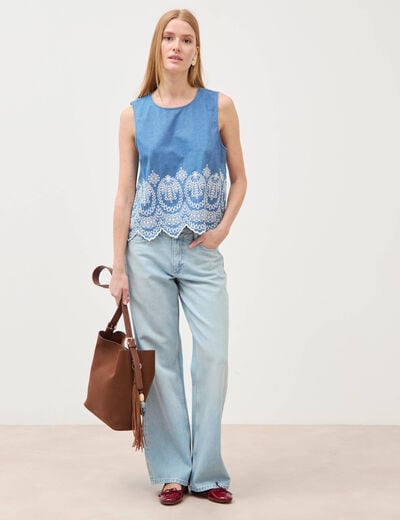 Top en jeans sans manches col rond bleu clair femme