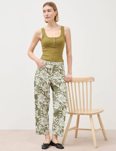 Pantalon loose taille haute en coton vert kaki femme