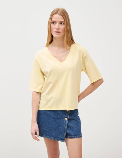 T-shirt col v manches courtes en coton jaune clair femme