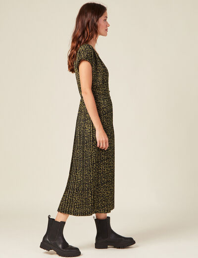Robe midi évasée plissée satin vert kaki femme