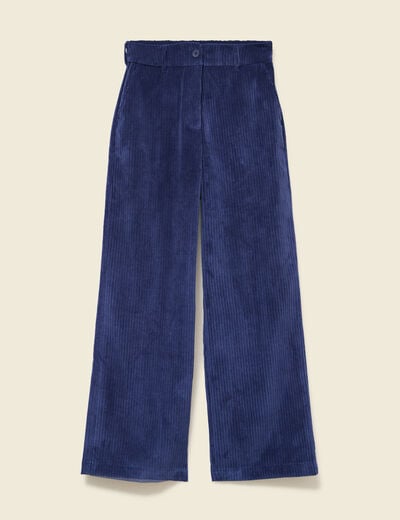 Pantalon large taille haute en velours bleu marine femme