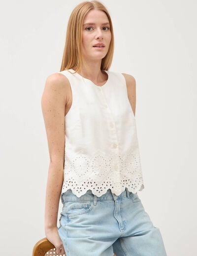 Gilet sans manches col rond ecru femme