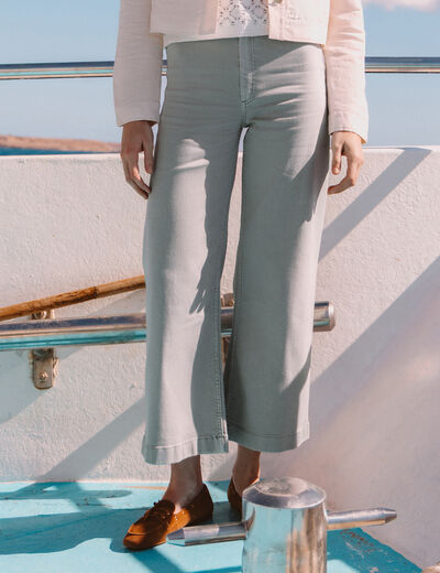 Jeans large cropped taille haute bleu gris femme