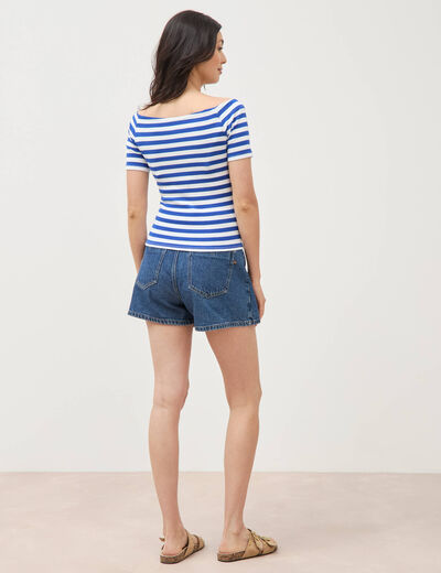 T-shirt ajust&eacute; cropped encolure bardot blanc femme