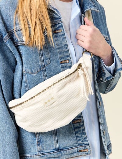 Sac banane velours c&ocirc;tel&eacute; creme femme