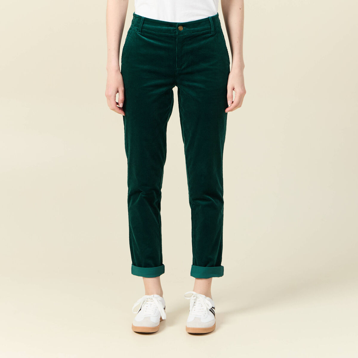 Pantalon chino velours côtelé vert canard femme