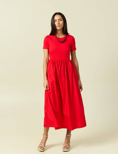 Robe longue bi-mati&egrave;re col rond rouge fonc&eacute; femme