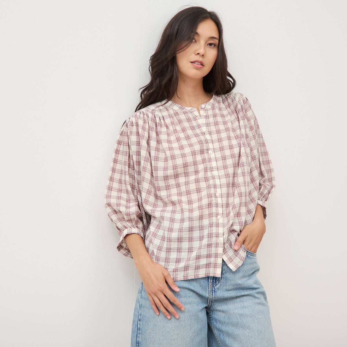 Chemise oversize &agrave; carreaux marron cognac femme