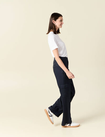 Pantalon cargo taille haute bleu marine femme