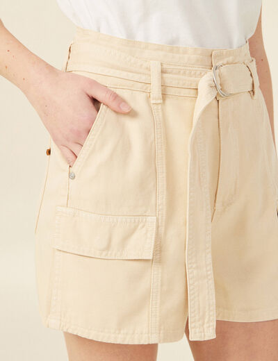 Short cargo fluide ceinturé creme femme