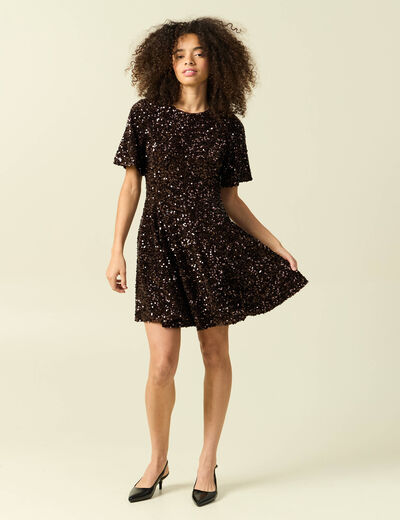 Robe manches courtes &agrave; sequins marron femme