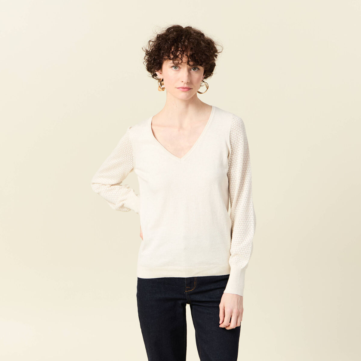 Pull manches longues creme femme