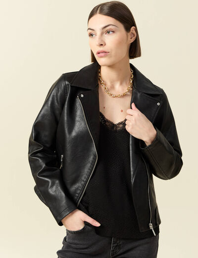 Blouson biker simili cuir noir femme