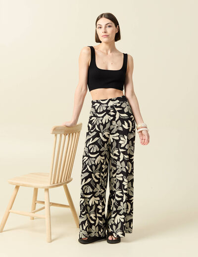 Pantalon large taille haute noir femme