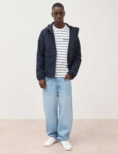 Blouson droit &agrave; capuche doubl&eacute; bleu marine homme