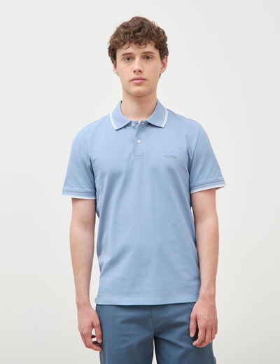 Polo cintr&eacute; en coton manches courtes bleu gris homme