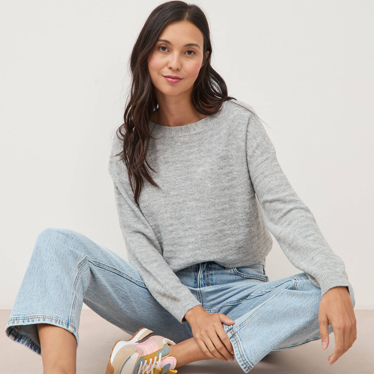 Pull manches longues col bateau gris femme