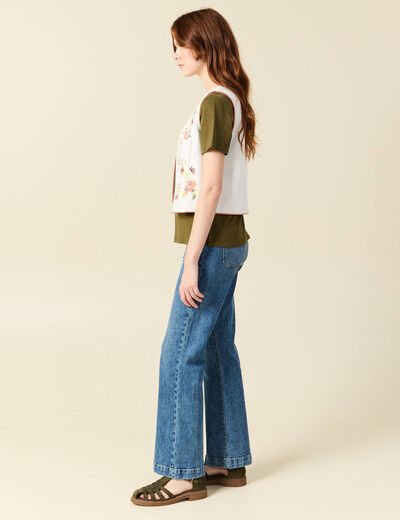 Cardigan droit court brod&eacute; sans manches ecru femme