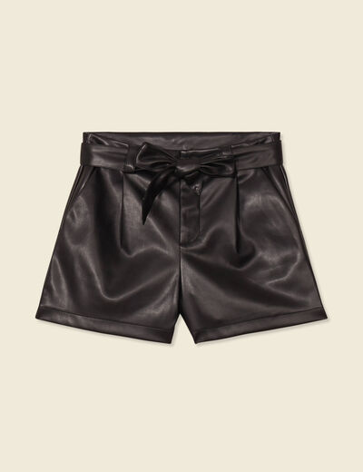Short similicuir ceinturé noir femme
