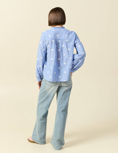 Blouse manches longues en coton brod&eacute; bleu gris femme