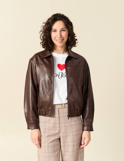 Blouson oversize manches longues doubl&eacute; marron femme